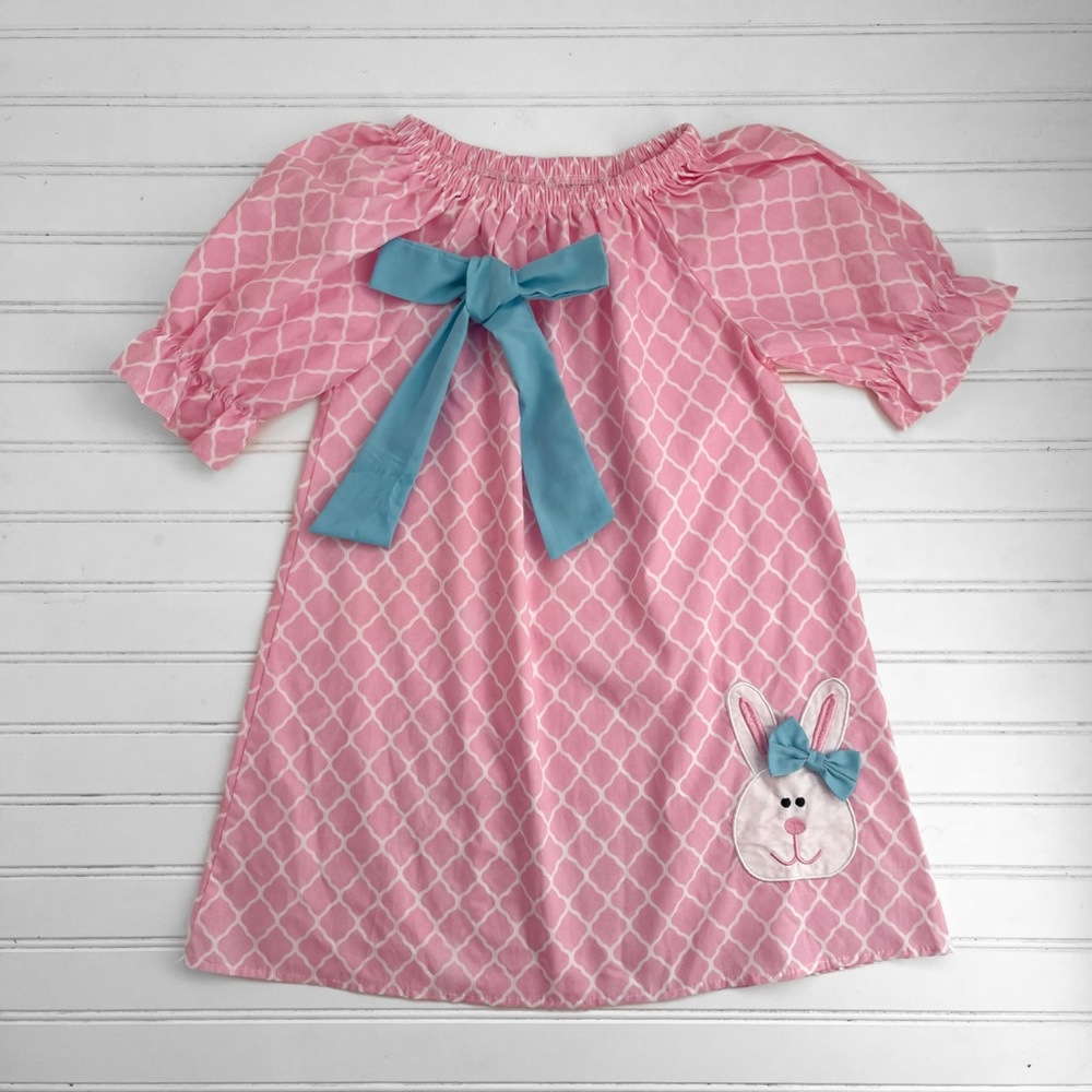 EUC Bubblegum Pink Lattice Puff Sleeve Easter Dress w/ Bunny Appliqué Detail